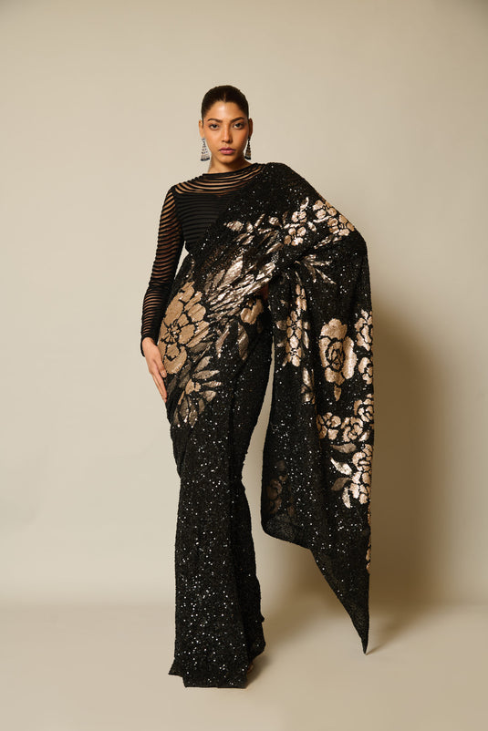 CHECKMATEBlack-gold sequin floral saree