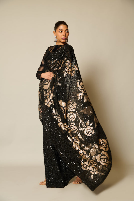 CHECKMATEBlack-gold sequin floral saree