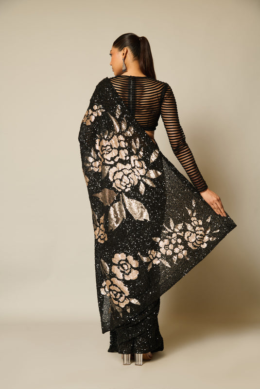 CHECKMATEBlack-gold sequin floral saree