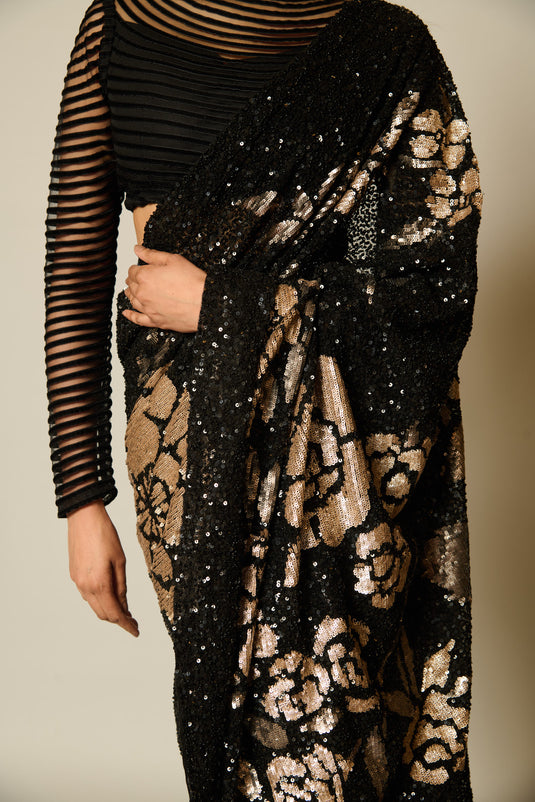 CHECKMATEBlack-gold sequin floral saree