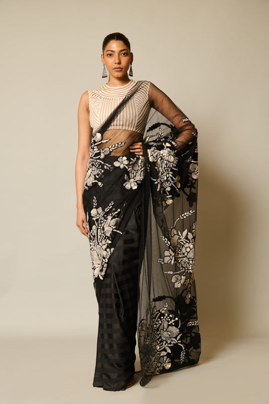 checkmate black-ivory floral saree