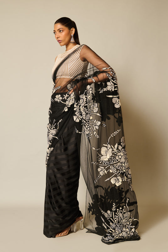 checkmate black-ivory floral saree