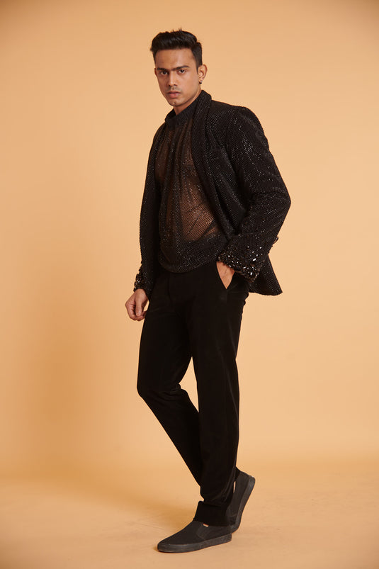 husn Noir ultra luxe glam mesh rhinestone formal