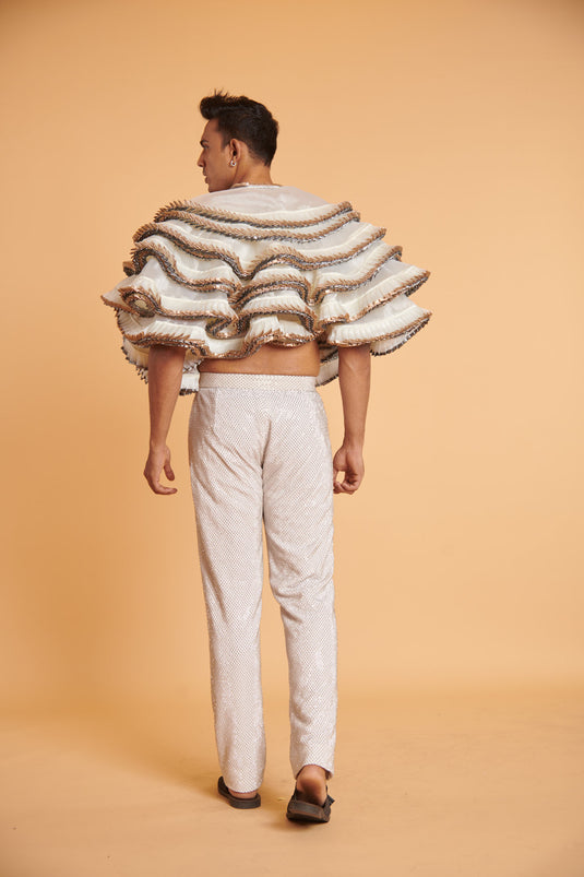 husn Vanilla metallica pleated marshmallow bolero