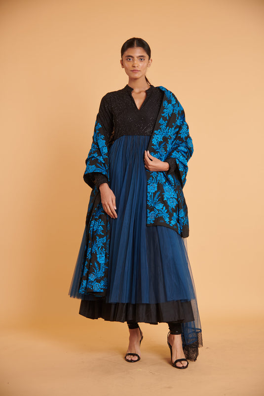 husn Navy noir glam mesh tulle anarkali