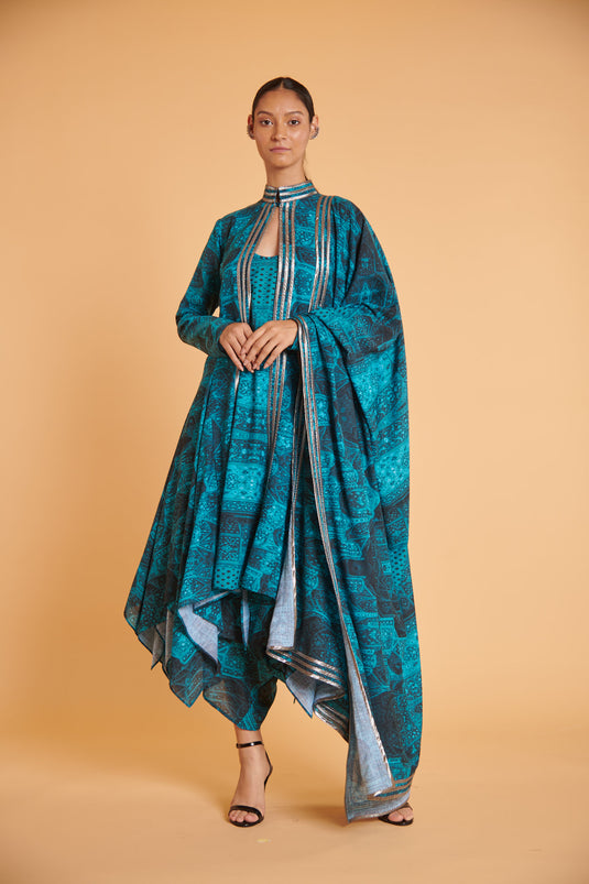 husn Mughal cerulean gunmetal drape traditional jacket