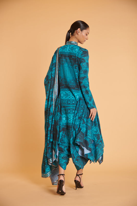 husn Mughal cerulean gunmetal drape traditional jacket