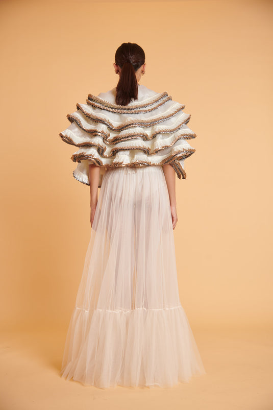 husn Vanilla metallica pleated marshmallow bolero