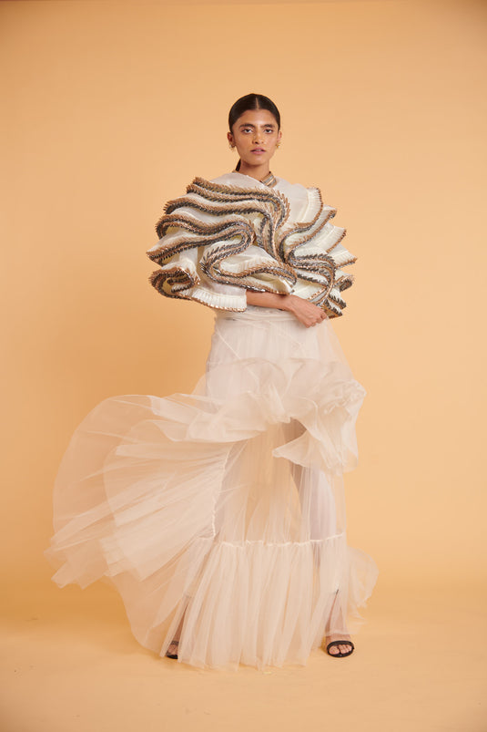 husn Vanilla metallica pleated marshmallow bolero