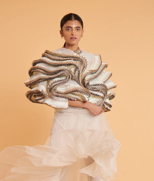 husn Vanilla metallica pleated marshmallow bolero