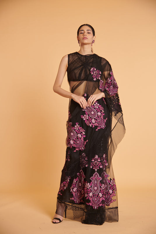 husn Noir grape glam mesh booti classic drape