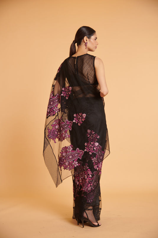 husn Noir grape glam mesh booti classic drape