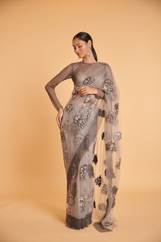 husn Steel glam mesh booti classic drape