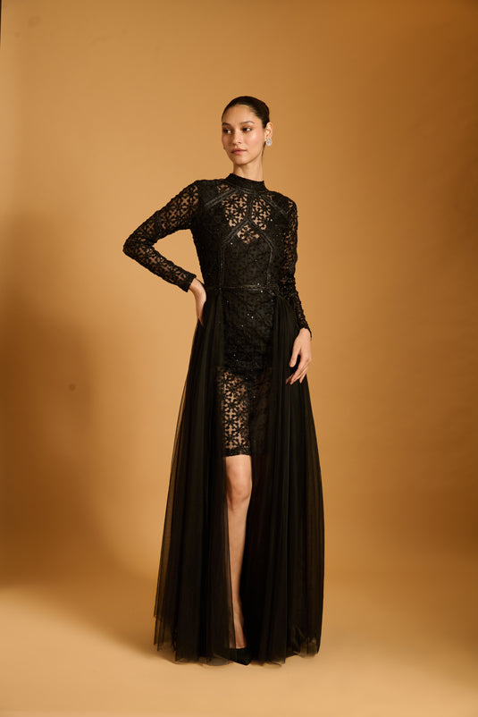 Trifecta black lattice sheer dress