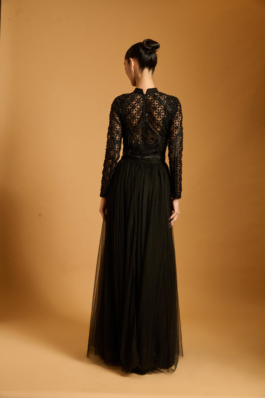 Trifecta black lattice sheer dress