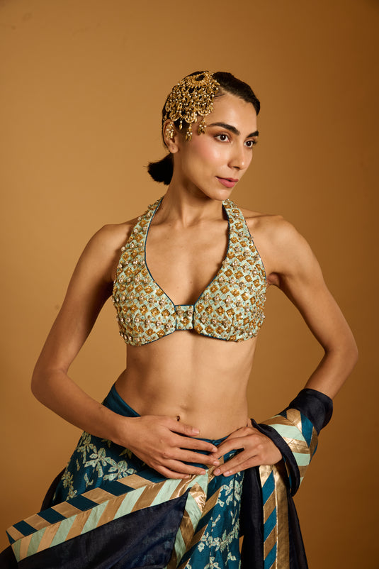 Trifecta teal-aqua threadwork crystal lehenga