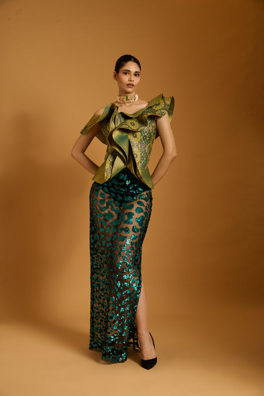 Trifecta black-teal cheetah sheer skirt