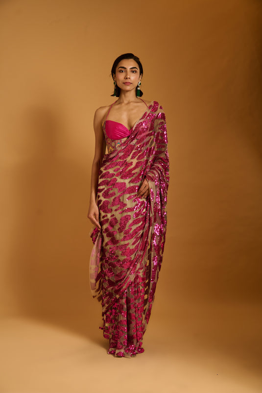 Trifecta fuchsia cheetah saree