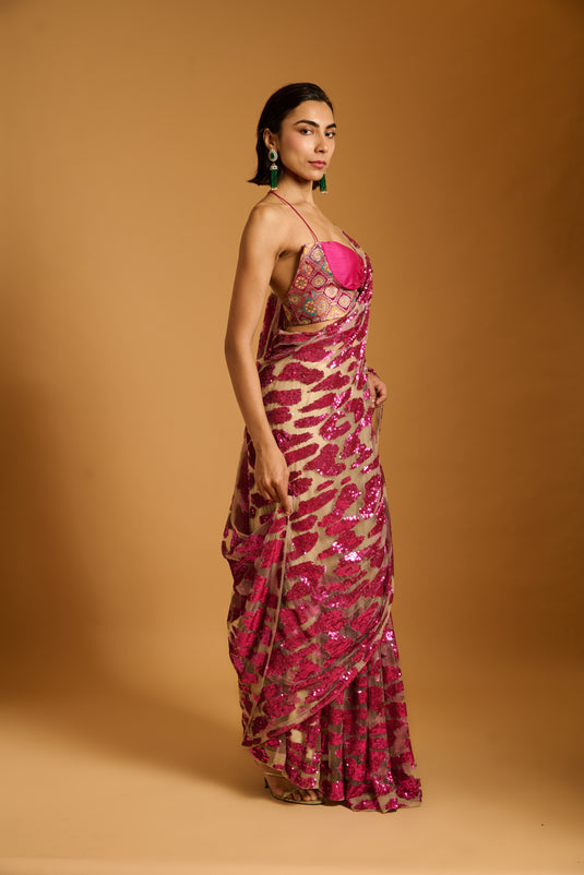 Trifecta fuchsia cheetah saree