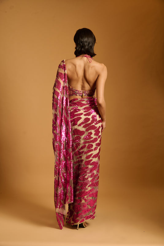 Trifecta fuchsia cheetah saree