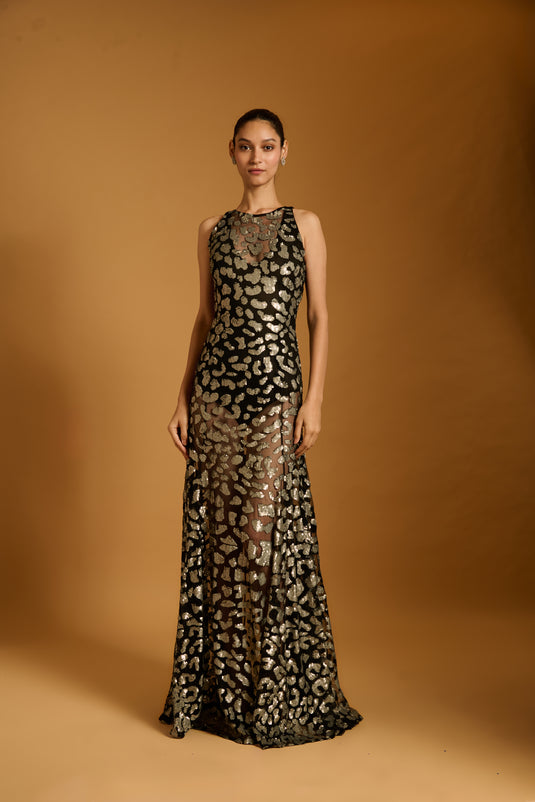 Trifecta black cheetah sheer gown