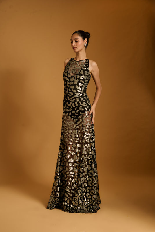 Trifecta black cheetah sheer gown