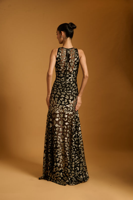Trifecta black cheetah sheer gown