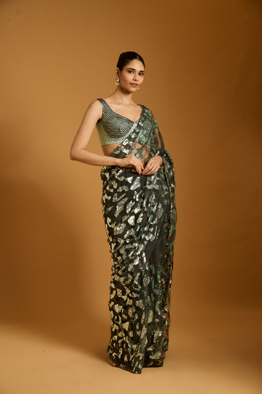 Trifecta charcoal-aqua cheetah saree