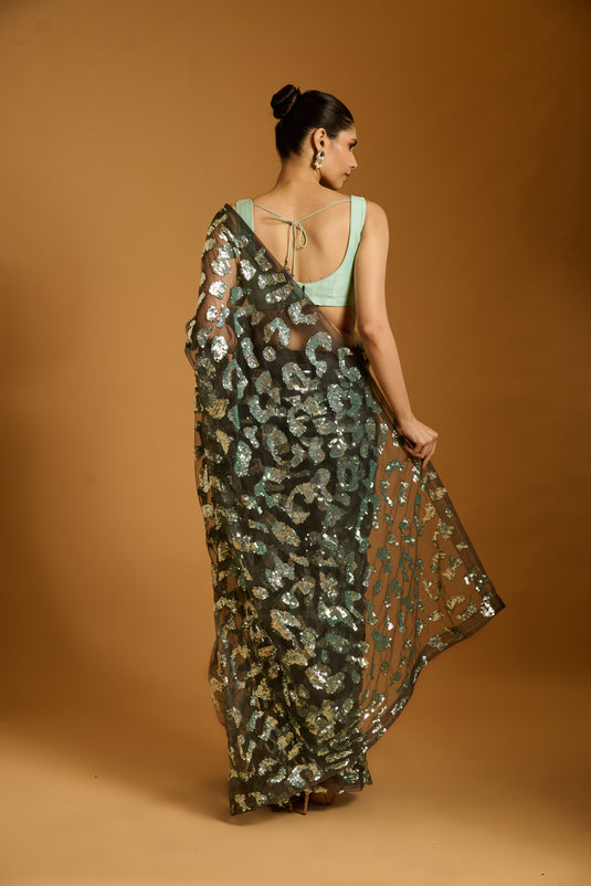 Trifecta charcoal-aqua cheetah saree