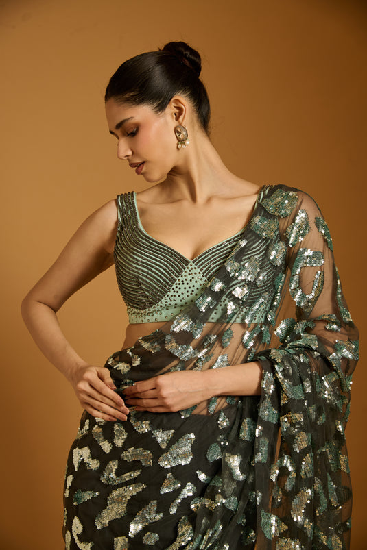 Trifecta charcoal-aqua cheetah saree