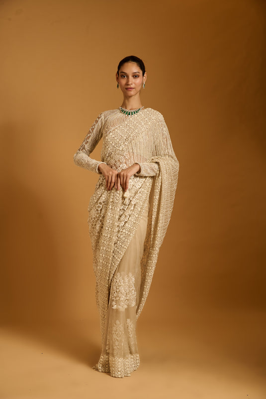 Trifecta ivory paneled saree