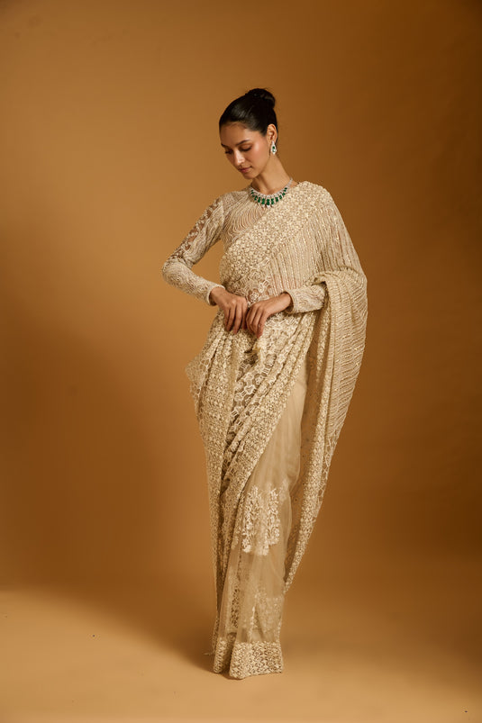 Trifecta ivory paneled saree