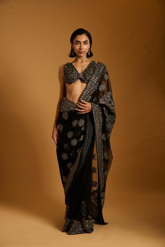 Trifecta black-gunmetal sequin bootie saree