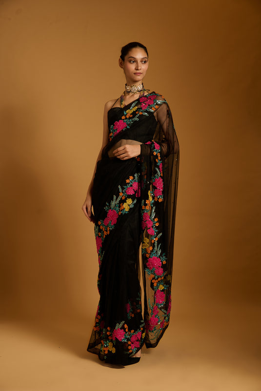 Trifecta black floral vine saree