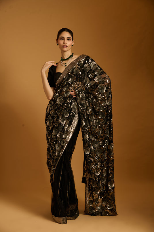 Trifecta black-gunmetal floral sequin saree