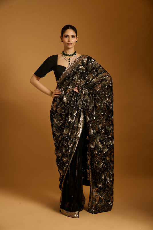 Trifecta black-gunmetal floral sequin saree