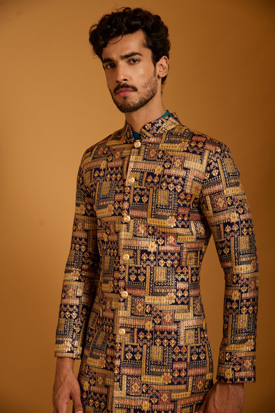 Trifecta navy brocade sherwani