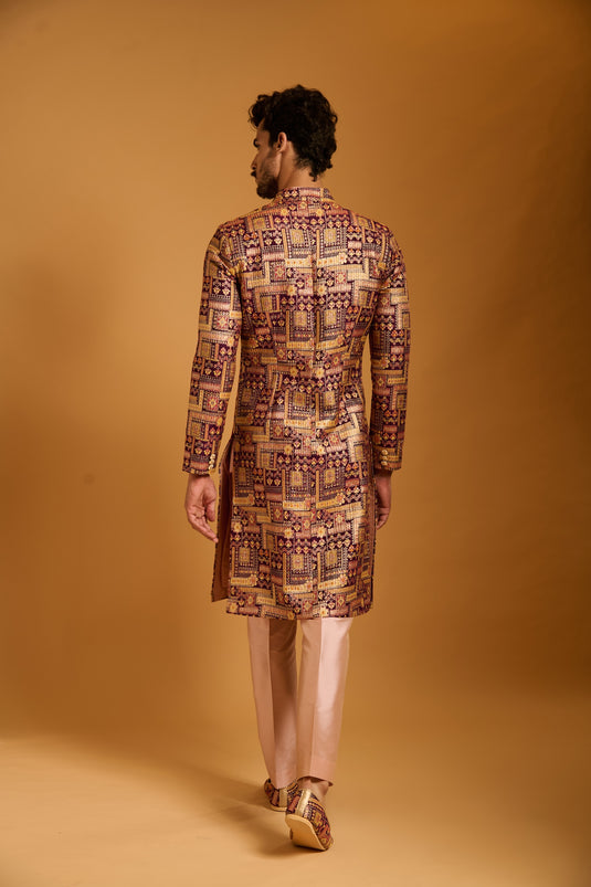 Trifecta plum brocade sherwani