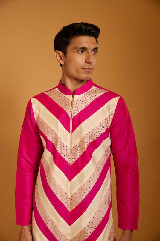 Trifecta pink-ivory crystal chevron kurta