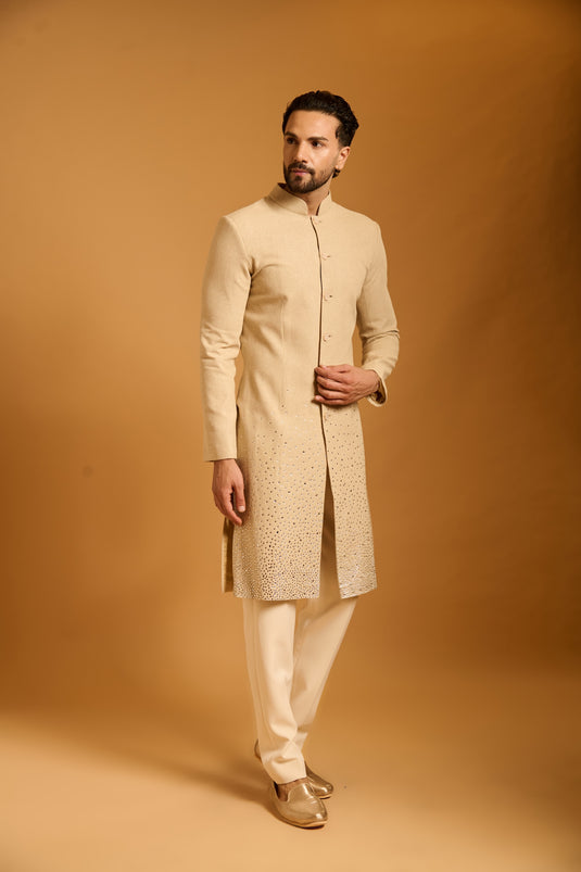 Trifecta beige crystal sherwani