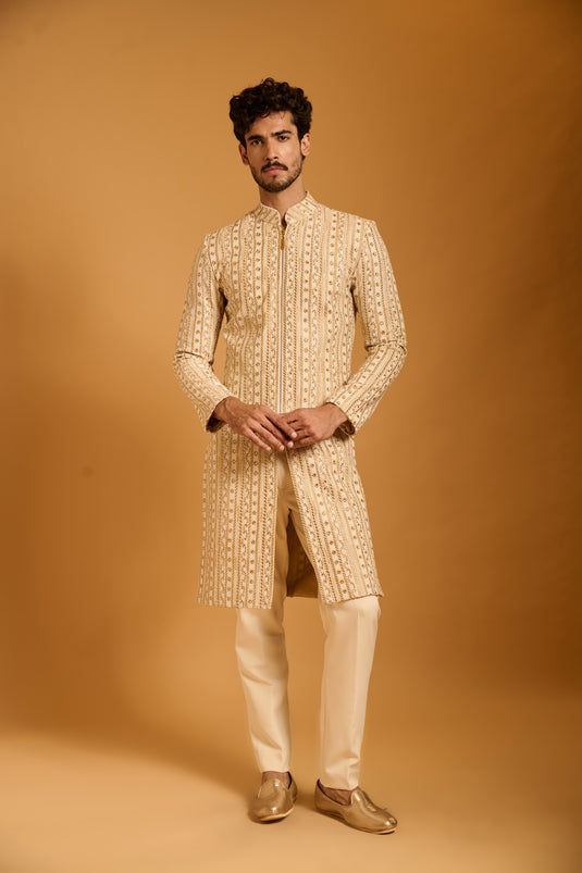 Trifecta ivory striped zari sherwani