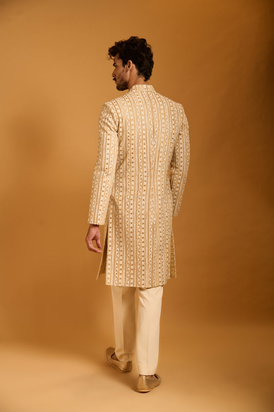 Trifecta ivory striped zari sherwani