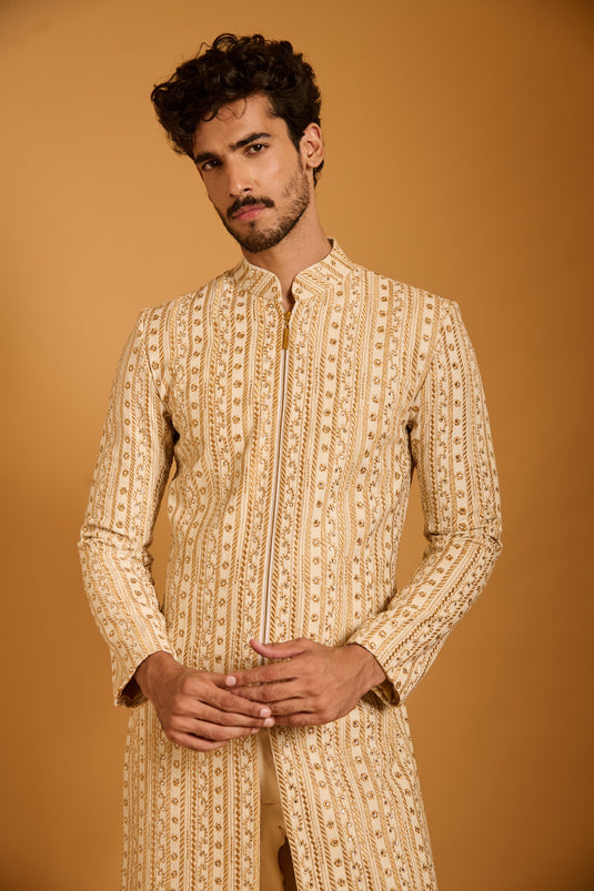 Trifecta ivory striped zari sherwani