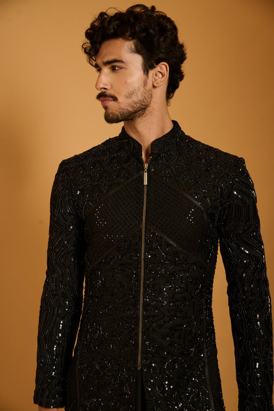 Trifecta black sequin paneled sherwani