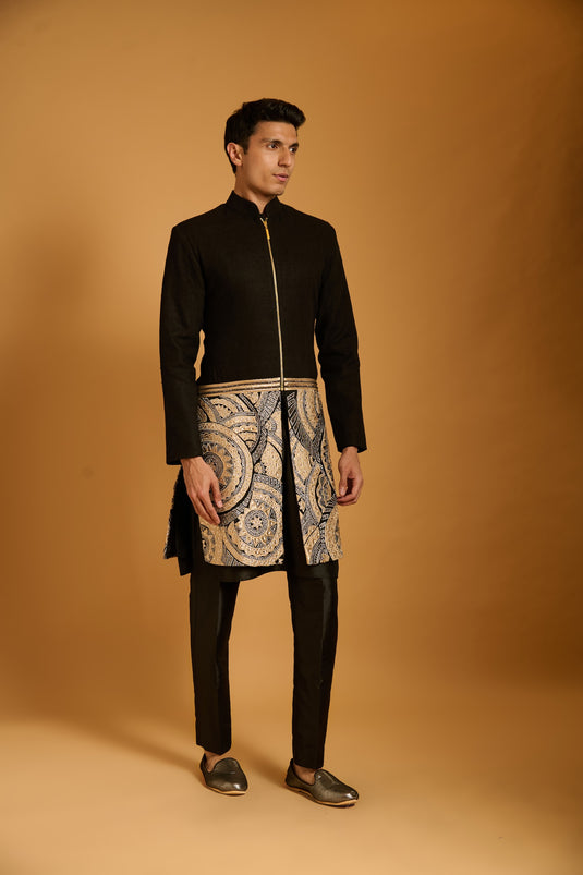 Trifecta black applique panel sherwani