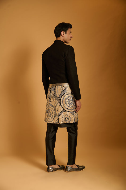 Trifecta black applique panel sherwani