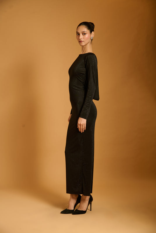 Trifecta black crystal cowl gown