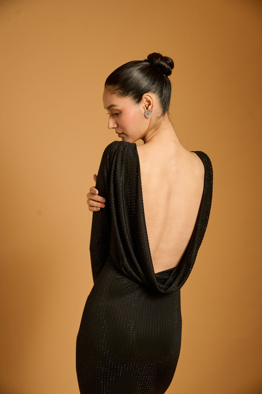 Trifecta black crystal cowl gown