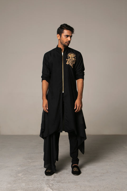 Cult Patched Black Draped Sherwani Kurta