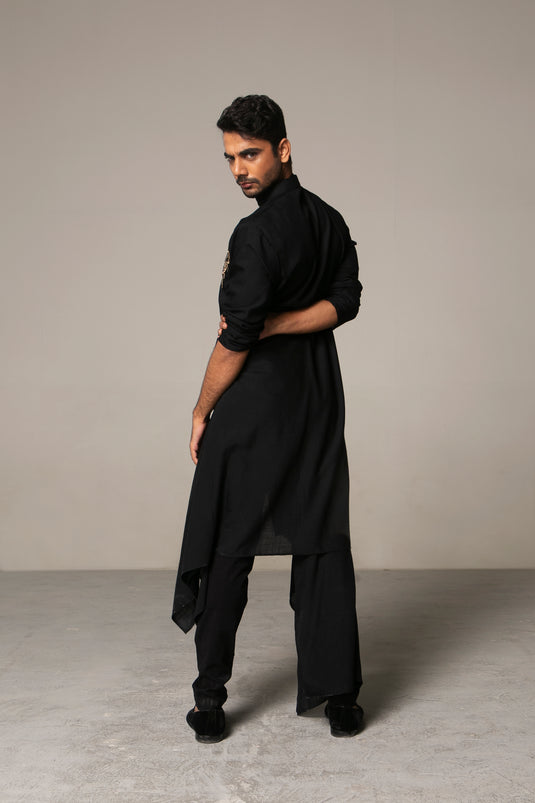 Cult Patched Black Draped Sherwani Kurta